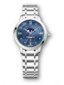 BAUME&MERCIER CLASSIMA LADY Швейцарские женские кварцевые часы с бриллиантами и голубым перламутровым циферблатом, стальные, с сапфировым стеклом и водозащитой 50 м - идеальны в качестве подарка и аксессуара на каждый день.