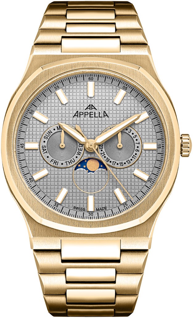APPELLA  Мужские швейцарские часы, кварцевый механизм с фазами Луны, сталь с покрытием, 42,5 мм