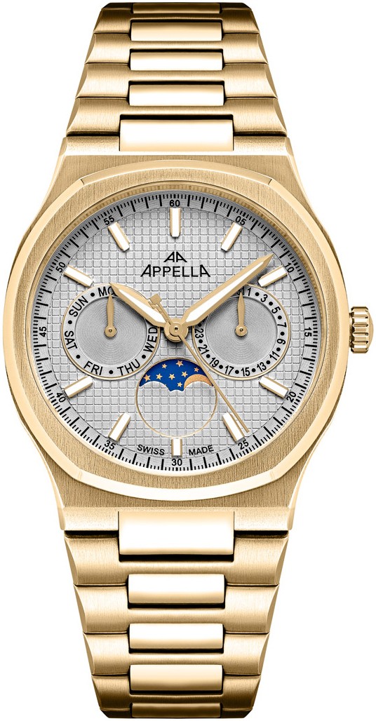 APPELLA  Женские швейцарские часы, кварцевый механизм с фазами Луны, сталь с покрытием, 36,5 мм