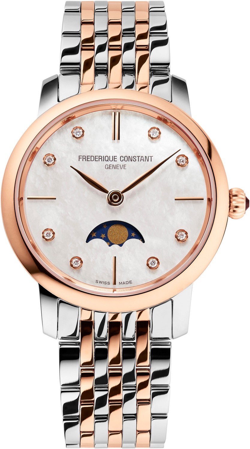 FREDERIQUE CONSTANT  Элегантные женские швейцарские часы, стальные на металлическом браслете, циферблат из натурального перламутра с бриллиантами, фазы Луны