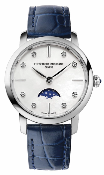 FREDERIQUE CONSTANT  Женские швейцарские часы на кожаном ремешке, циферблат из натурального перламутра с бриллиантами, фазы Луны, корпус 30 мм