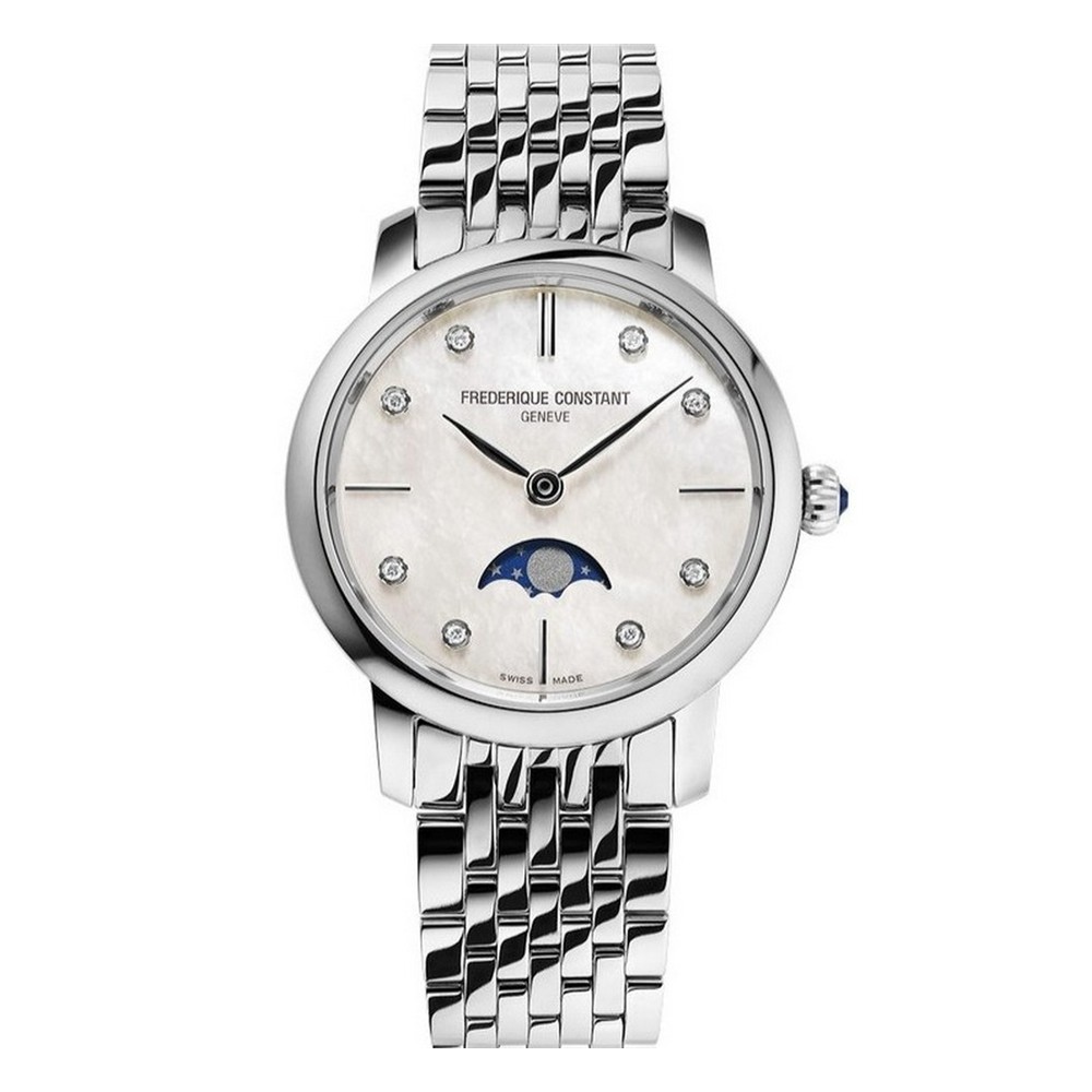FREDERIQUE CONSTANT  Элегантные женские швейцарские часы, стальные на металлическом браслете, циферблат из натурального перламутра с бриллиантами, фазы Луны