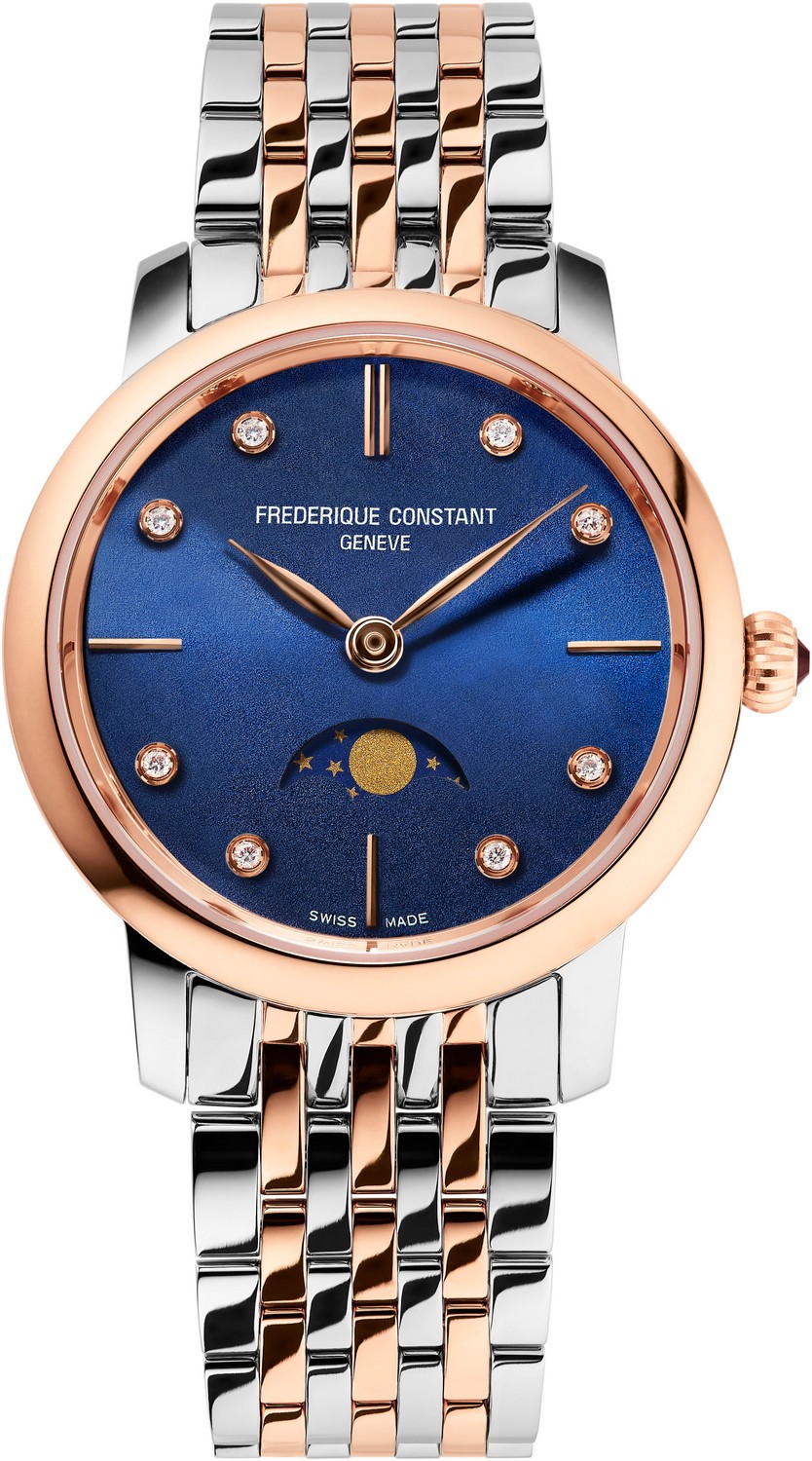 Часы FREDERIQUE CONSTANT  FC-206ND1S2B Элегантные женские швейцарские часы, стальные на металлическом браслете, циферблат с бриллиантами, фазы Луны, синий циферблат