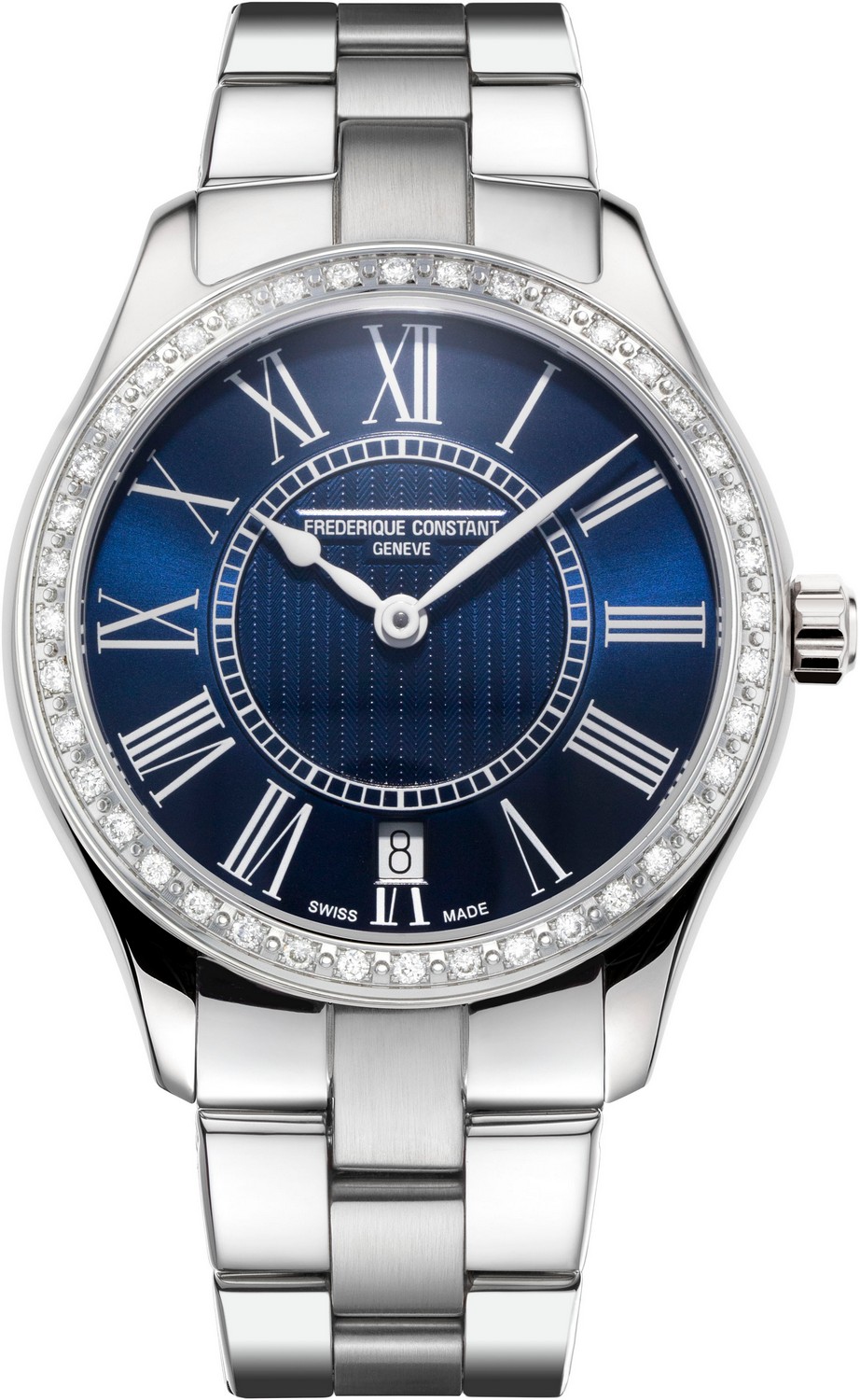 FREDERIQUE CONSTANT  Современные женские швейцарские часы, стальной корпус с бриллиантами, на металлическом браслете, функция даты
