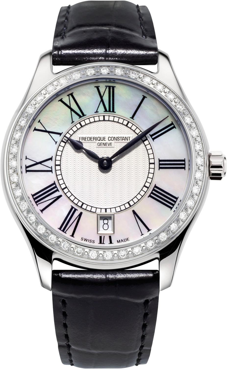 FREDERIQUE CONSTANT  Современные женские швейцарские часы, циферблат из натурального перламутра, стальной корпус с бриллиантами, на кожаном ремне, функция даты
