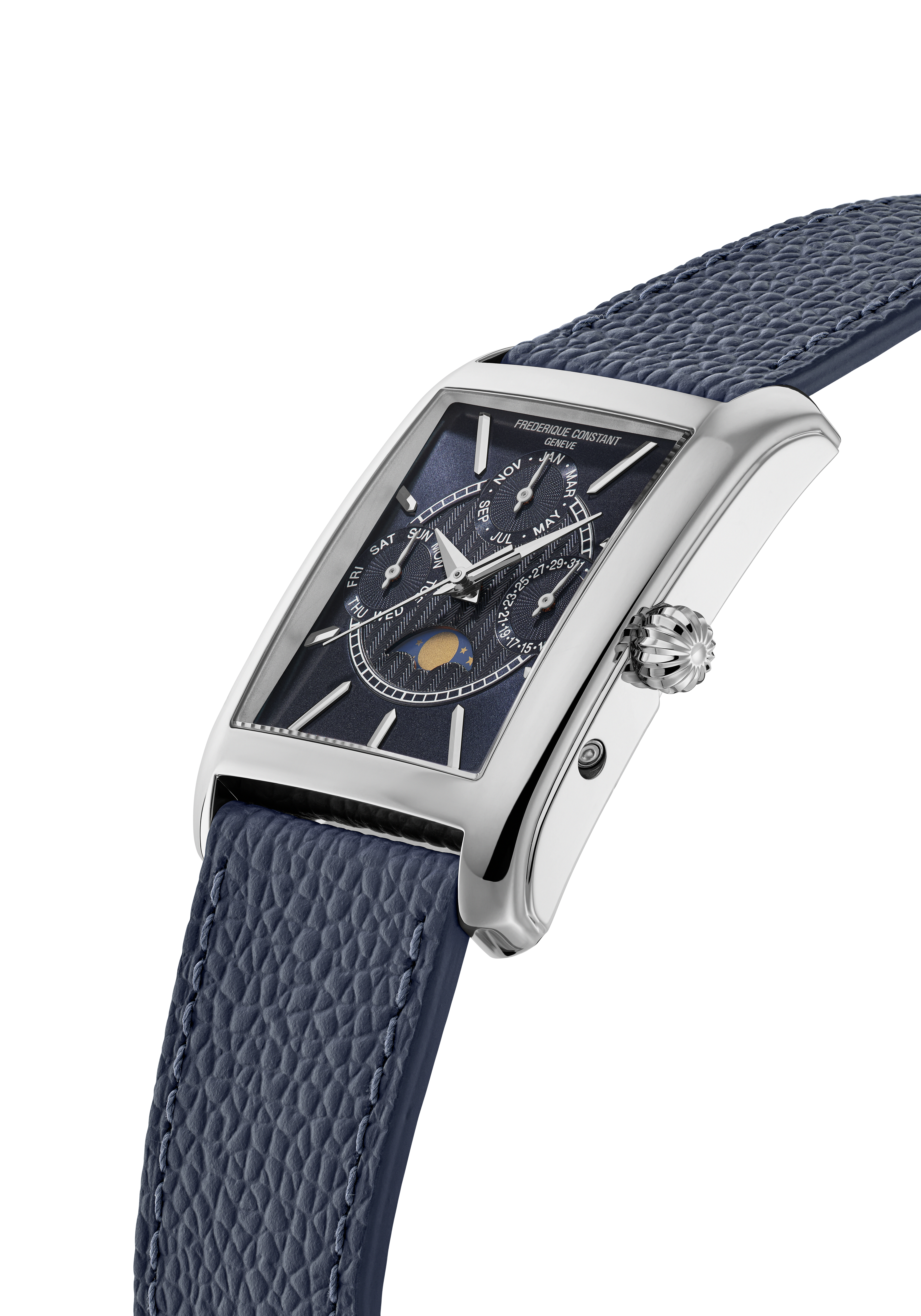 FREDERIQUE CONSTANT  Мужские швейцарские часы с кварцевым механизмом, 30,40х33,30 мм. 
Синий ремешок из натуральной кожи