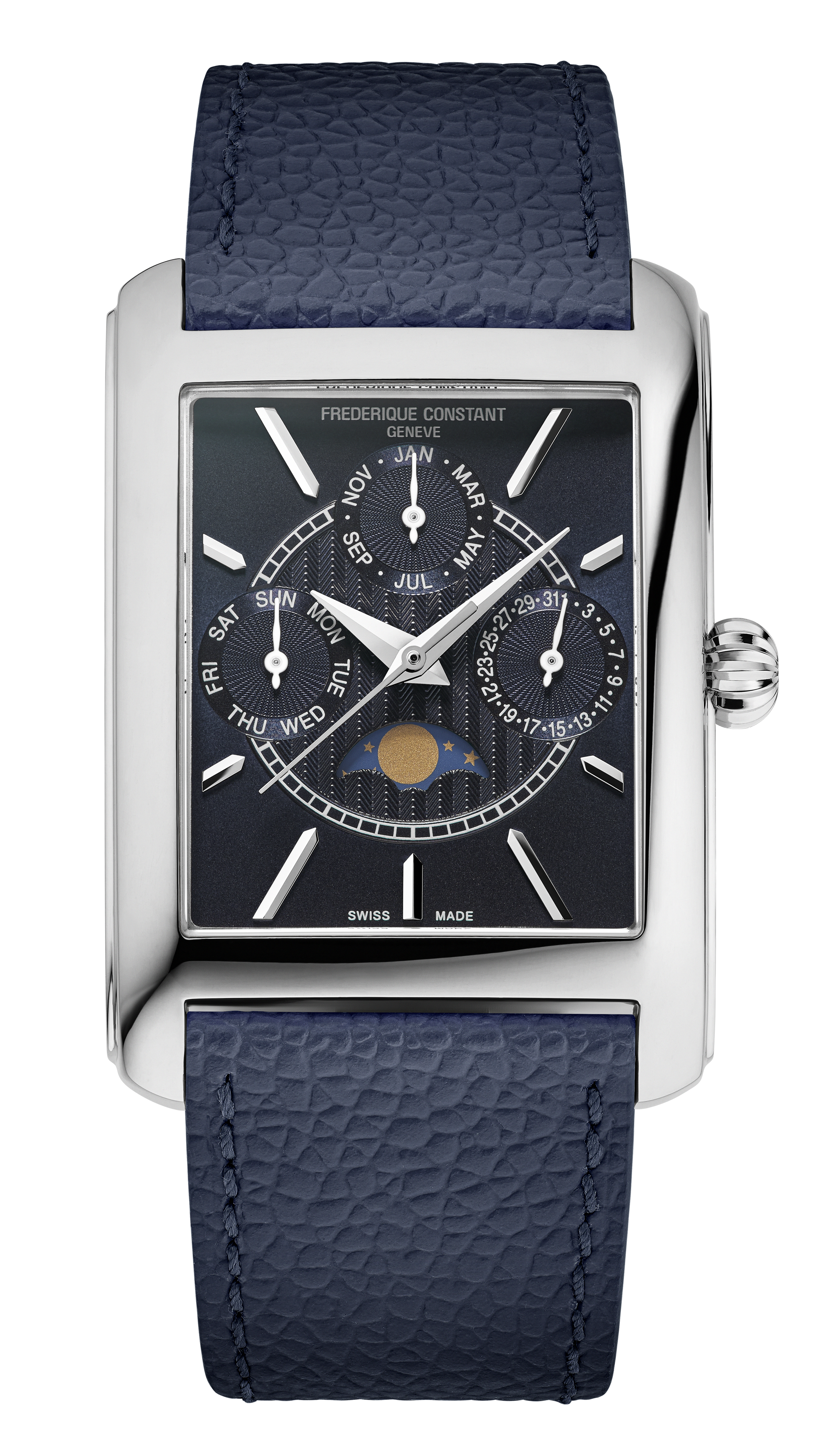 FREDERIQUE CONSTANT  Мужские швейцарские часы с кварцевым механизмом, 30,40х33,30 мм. 
Синий ремешок из натуральной кожи