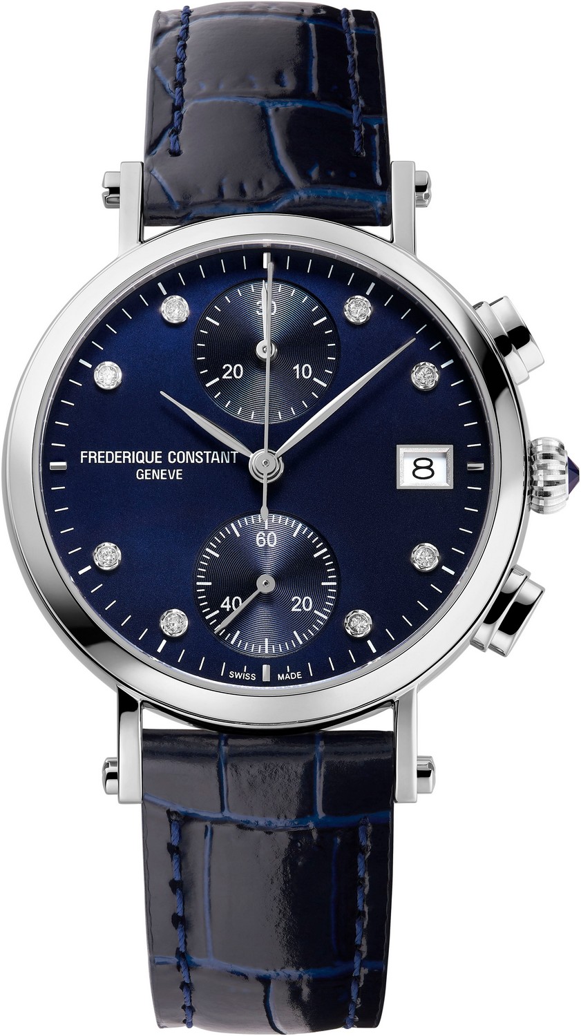 FREDERIQUE CONSTANT  Женские швейцарские часы, хронограф, кварц, темно-синий циферблат с бриллиантами, стальной корпус и темно-синий кожаный ремень