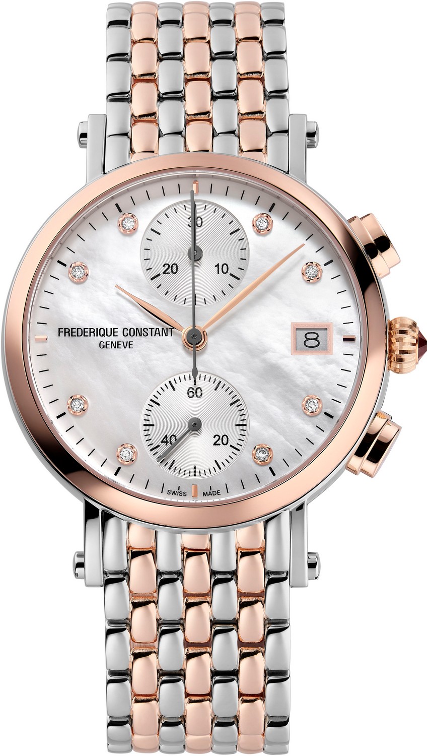 FREDERIQUE CONSTANT  Женские швейцарские часы, хронограф, кварц, циферблат из натурального перламутра с бриллиантами, стальной корпус с частичной позолотой, металлический браслет в тон