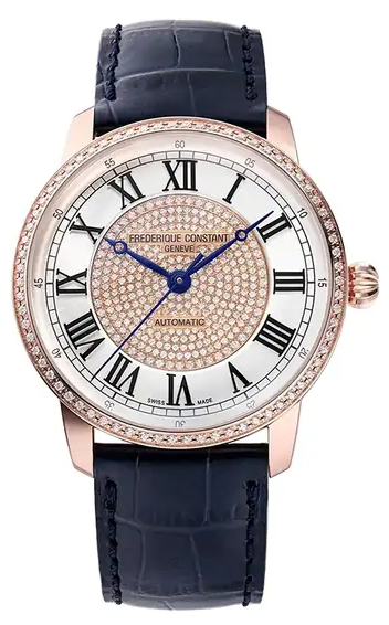 FREDERIQUE CONSTANT  Женские швейцарские часы с автоматическим механизмом, вставками из бриллиантов, 38,5 мм
Синий ремешок из натуральной кожи. Лимитированная серия.