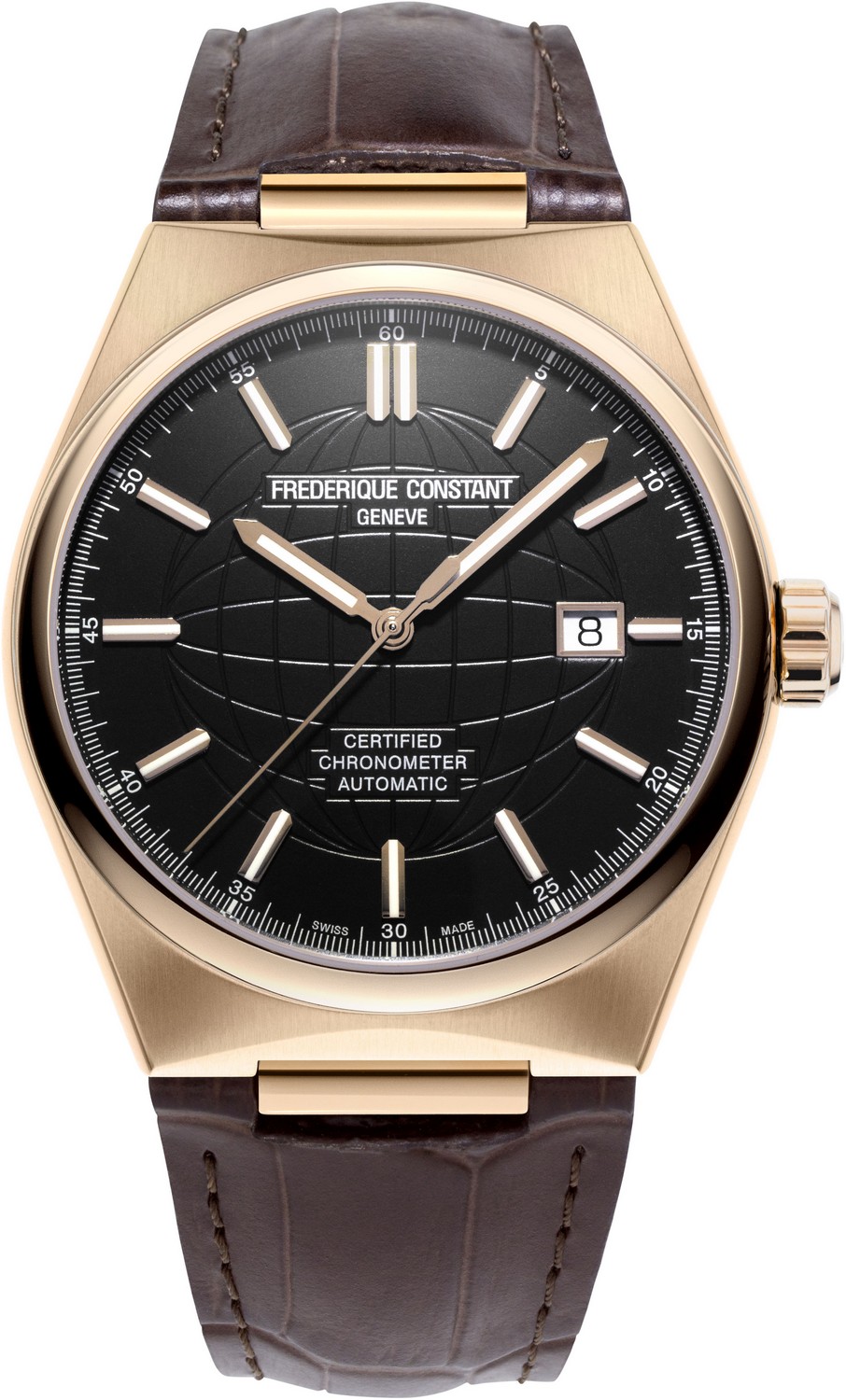 FREDERIQUE CONSTANT  Мужские швейцарские часы с автоматическим механизмом, хронометр, стальной корпус с позолотой, коричневый кожаный ремень, черный циферблат, спортивный стиль, дополнительный коричневый каучуковый ремешок