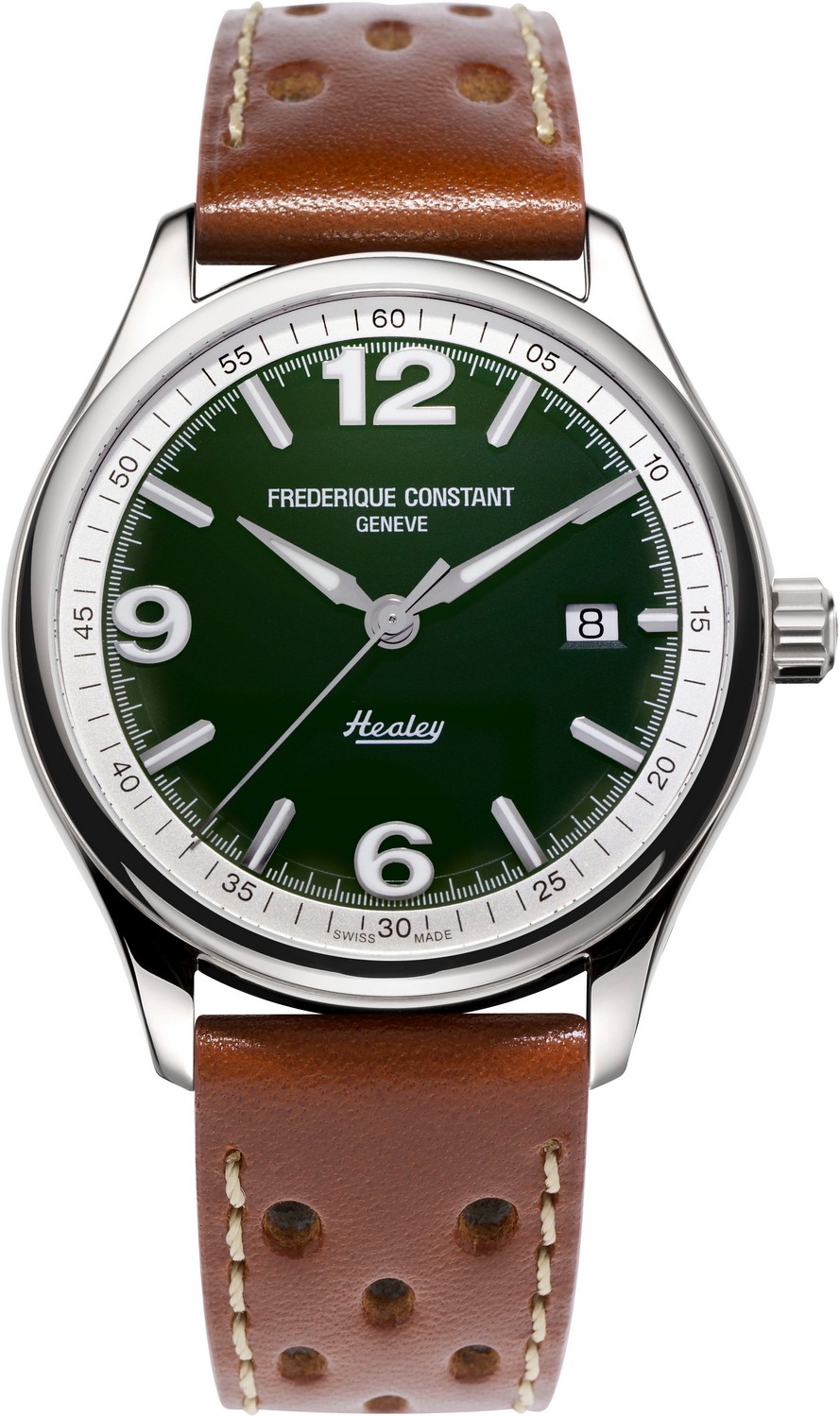 FREDERIQUE CONSTANT  Лимитированная коллекция - тираж 2 888 штук, винтажный спортивный стиль, швейцарские часы с автоматическим механизмом, стальной корпус, зеленый циферблат, коричневый кожаный ремешок с перфорацией, подарочная коробка с миниатюрой машинки Austin Healey