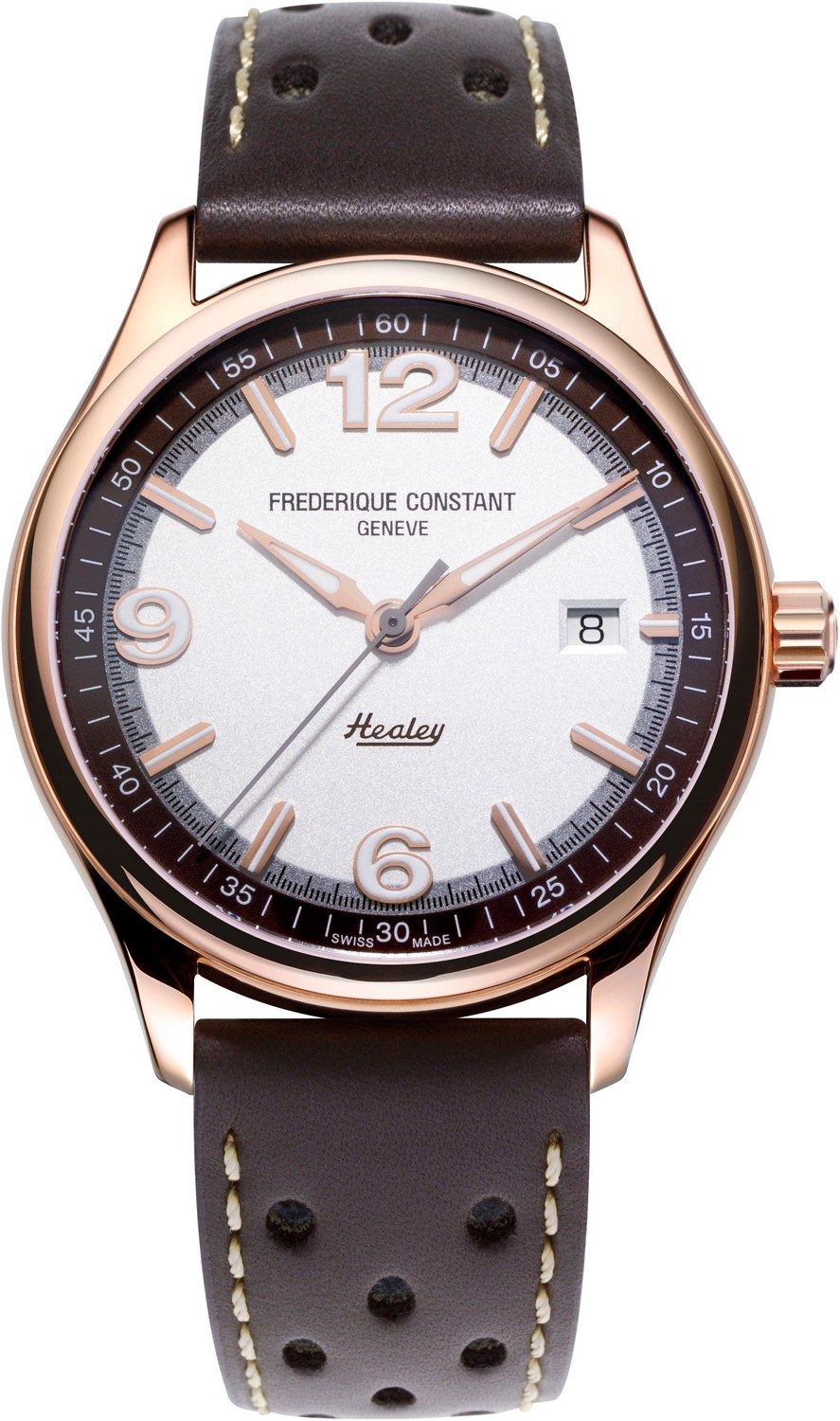 FREDERIQUE CONSTANT  Лимитированная коллекция - тираж 2 888 штук, винтажный спортивный стиль, швейцарские часы с автоматическим механизмом, стальной корпус с позолотой, серебристый циферблат, коричневый кожаный ремешок с перфорацией, подарочная коробка с миниатюрой машинки Austin Healey