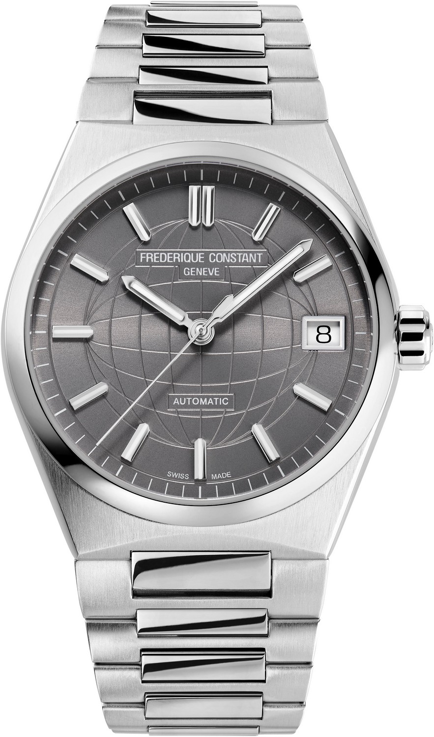 FREDERIQUE CONSTANT  Женские швейцарские часы с автоматическим механизмом, стальной корпус, серый циферблат, стальной браслет и голубой каучуковый ремешок в комплекте, система easy-change, спортивный повседневный стиль