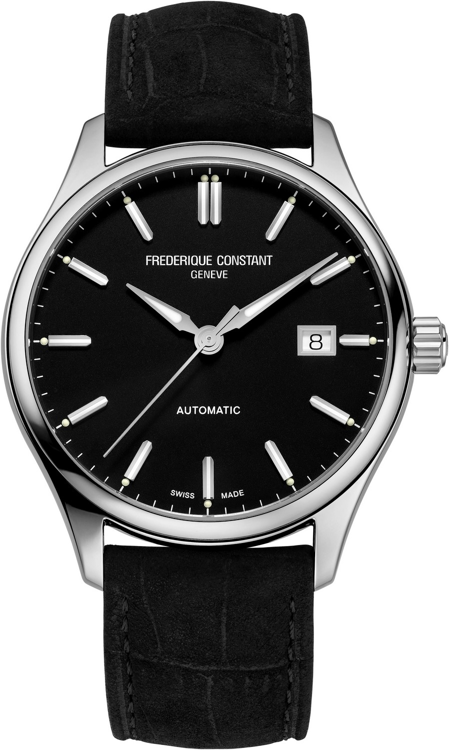 FREDERIQUE CONSTANT  Классическая механика с автоподзаводом, современный дизайн, стальной корпус, черный циферблат и черный кожаный ремень, деловой стиль