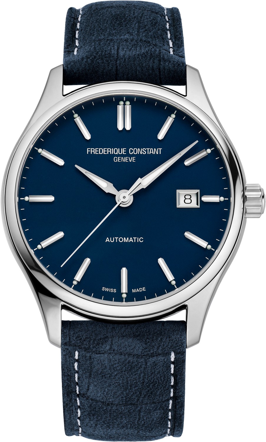 FREDERIQUE CONSTANT  Классическая механика с автоподзаводом, современный дизайн, стальной корпус, синий циферблат и синий кожаный ремень, деловой стиль