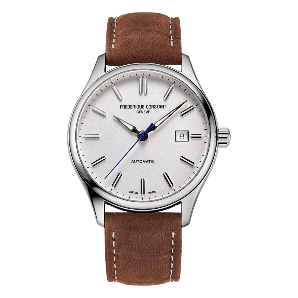 FREDERIQUE CONSTANT  Классическая механика с автоподзаводом, современный дизайн, стальной корпус, серебристый циферблат и коричневый кожаный ремень, деловой стиль