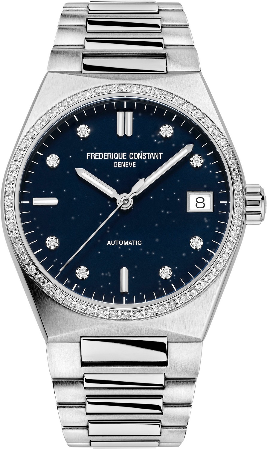 FREDERIQUE CONSTANT  Женские швейцарские часы с автоматическим механизмом, стальной корпус украшен бриллиантами, темно-синий циферблат 