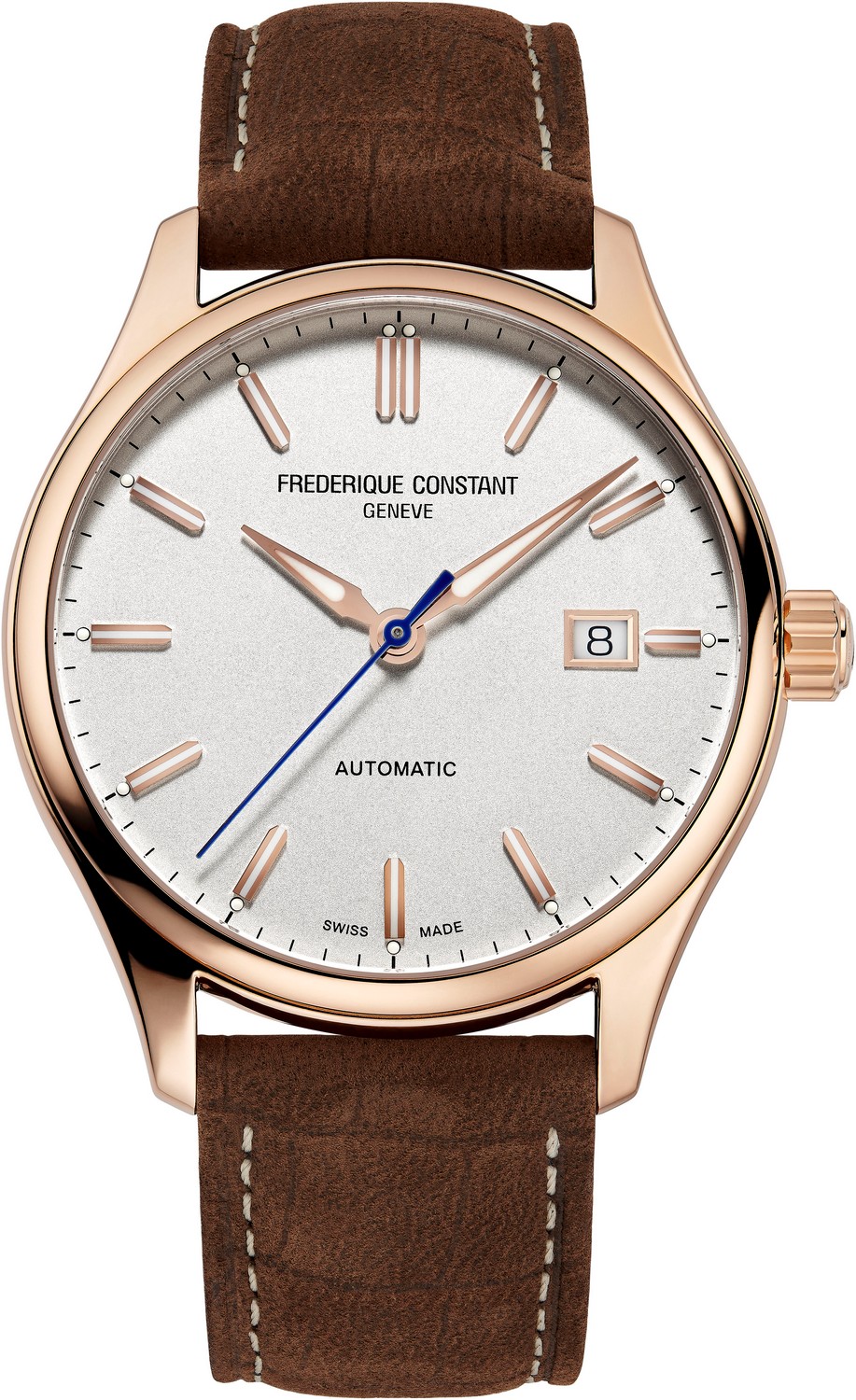 FREDERIQUE CONSTANT  Классическая механика с автоподзаводом, современный дизайн, позолоченый корпус, серебристый циферблат и коричневый кожаный ремень, деловой стиль