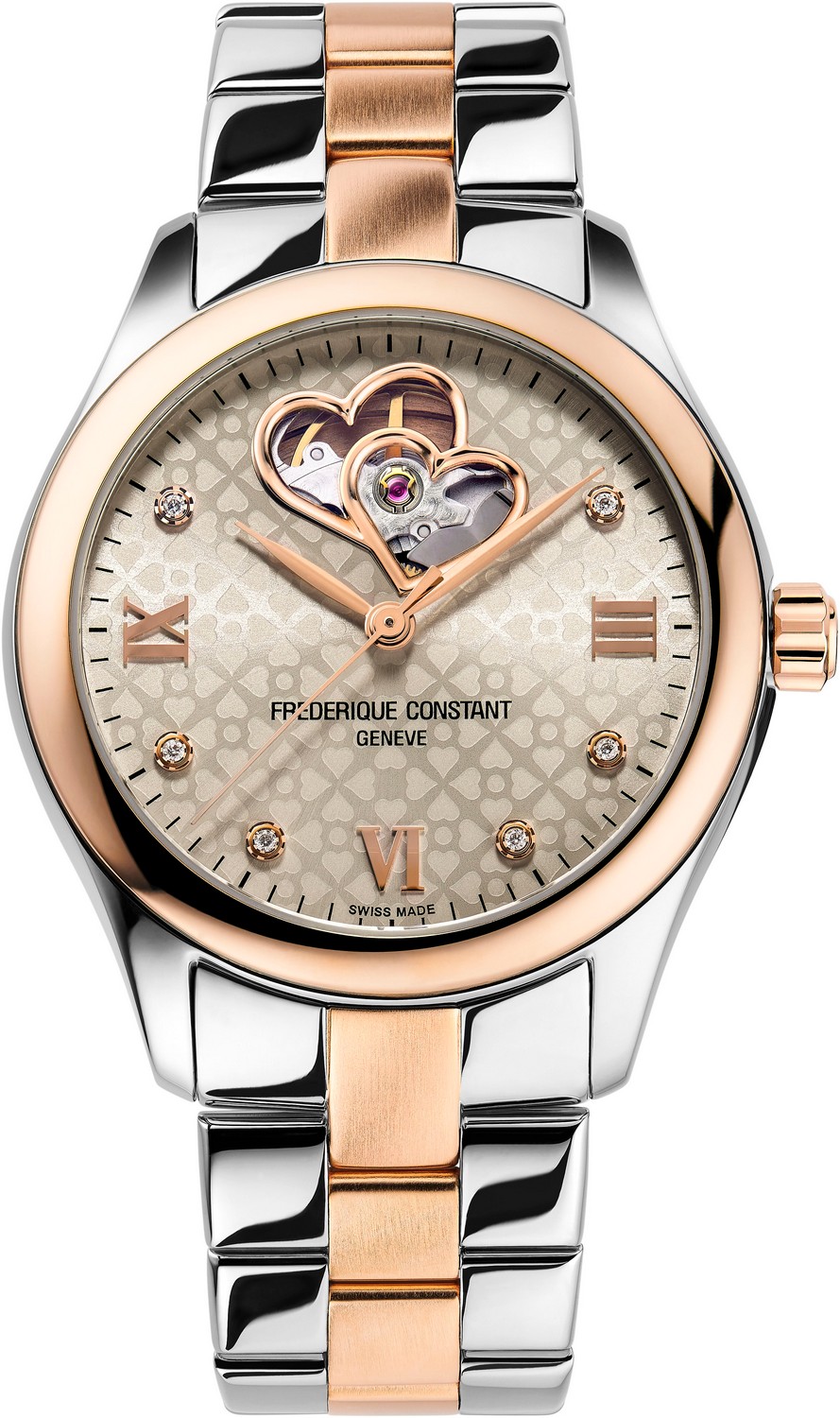FREDERIQUE CONSTANT  Роскошные женские швейцарские часы, автоматический маханизм, стальные, циферблат с гильоше с бриллиантами, металлический браслет, открытый баланс в виде двойных сердец