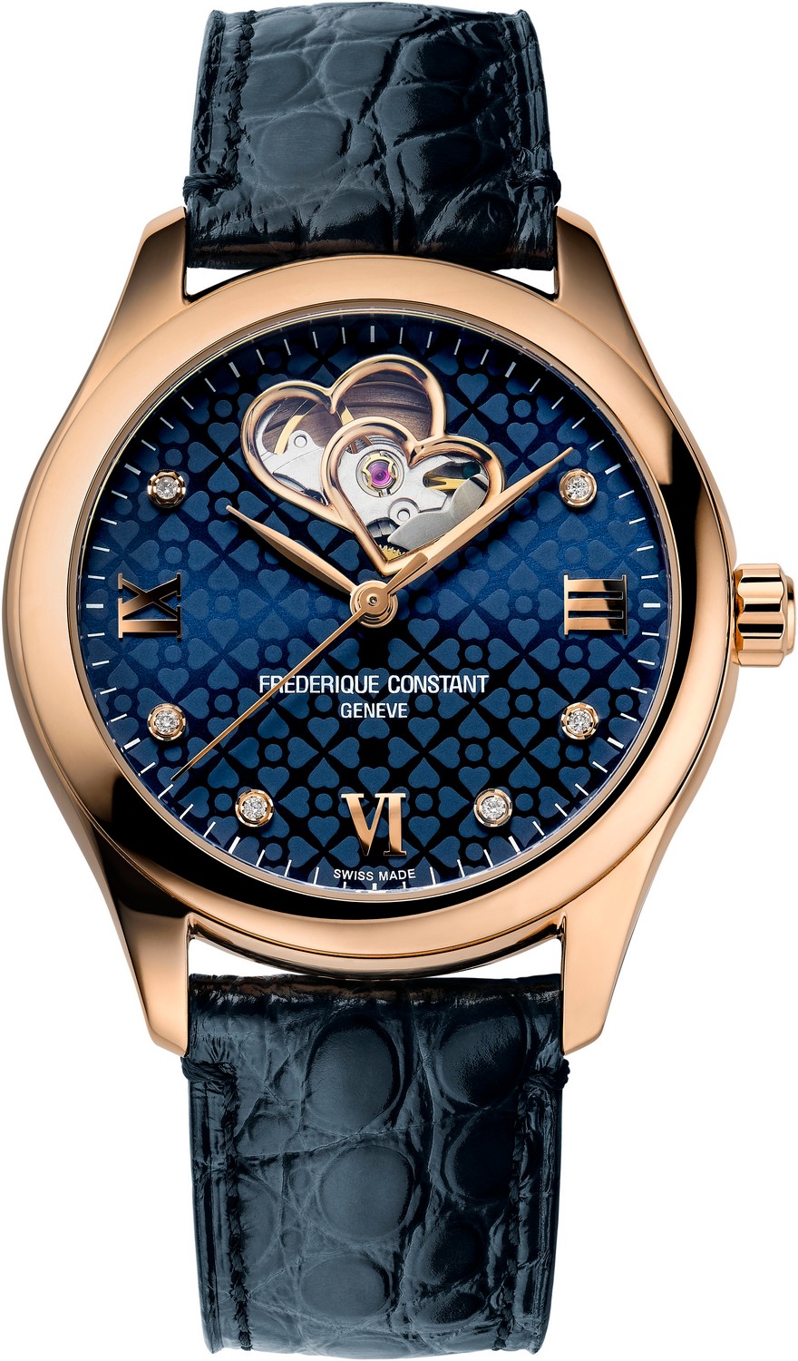 Часы FREDERIQUE CONSTANT LADIES AUTOMATIC FC-310NDHB3B4 Роскошные женские швейцарские часы, автоматический маханизм, стальные с позолотой, циферблат с гильоше с бриллиантами, ремешок из кожи аллигатора, открытый баланс в виде двойных сердец, синий циферблат