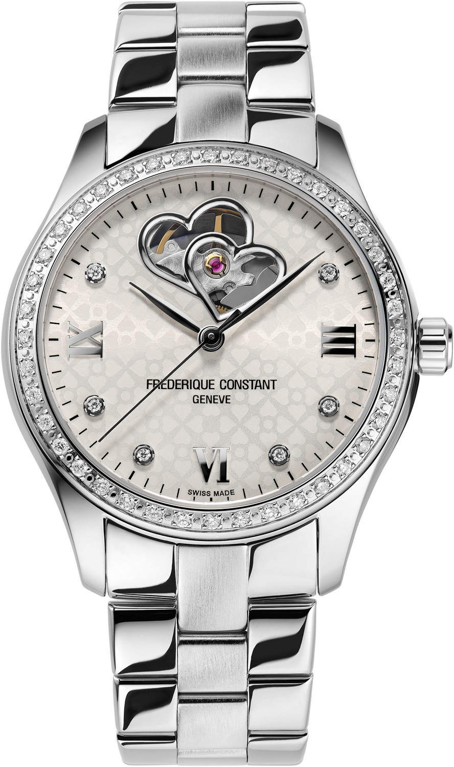 FREDERIQUE CONSTANT  Роскошные женские швейцарские часы, автоматический маханизм, стальные, циферблат с гильоше с бриллиантами, корпус с бриллиантами, металлический браслет, открытый баланс в виде двойных сердец