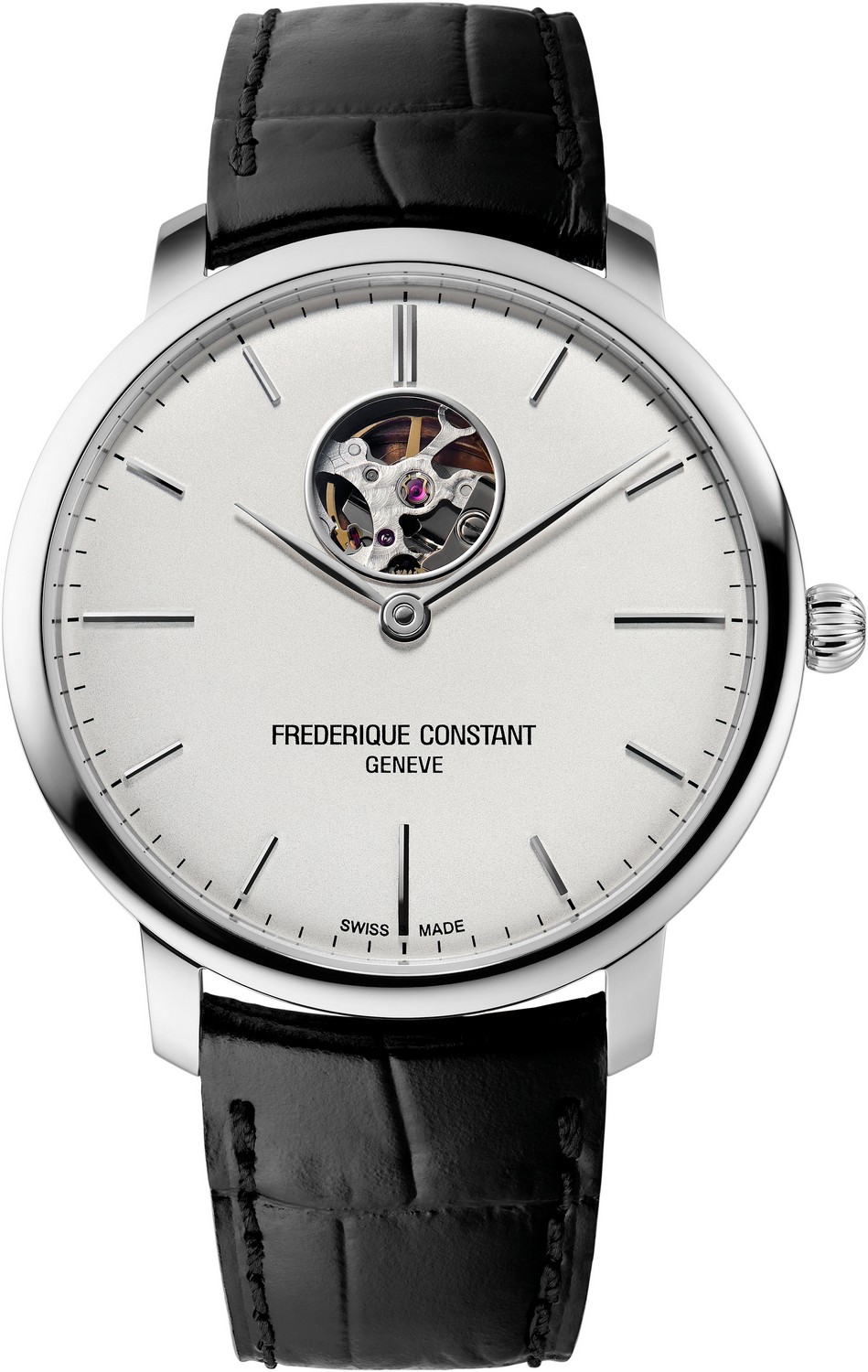 FREDERIQUE CONSTANT  Классические швейцарские часы, автоматический маханизм,стальные, тонкий корпус, на кожаном ремешке, открытый баланс
