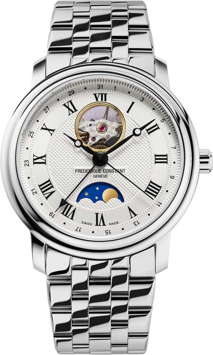 FREDERIQUE CONSTANT  Классические мужские швейцарские часы, автоматический маханизм, стальные, на металлическом браслете, идеально подходят под деловой костюм и повседневный стиль, фазы Луны, открытый баланс