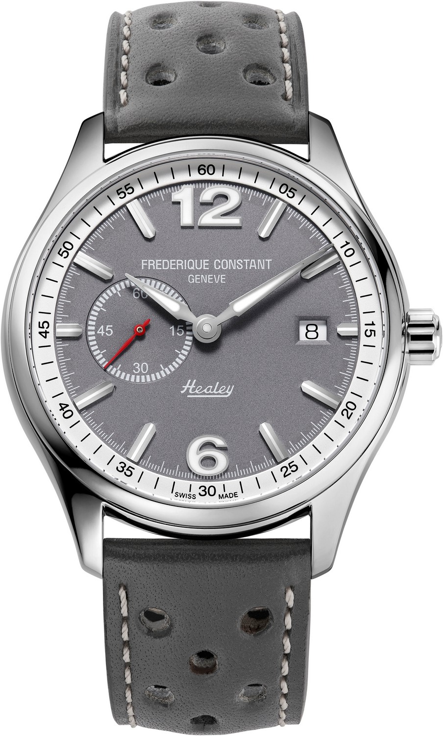 FREDERIQUE CONSTANT  Лимитированная коллекция - тираж 888 штук, винтажный спортивный стиль, швейцарские часы с автоматическим механизмом, стальной корпус, серый циферблат, серый кожаный ремешок с перфорацией, подарочная коробка с миниатюрой машинки Austin Healey