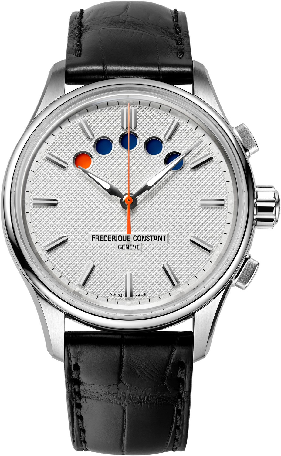 FREDERIQUE CONSTANT  Автоматический хронограф регатта, стальной корпус, крупный размер, серебристый циферблат, черный ремешок из кожи аллигатора, дополнительный ремень из каучука, водозащита 100 м (10 ATM) 
