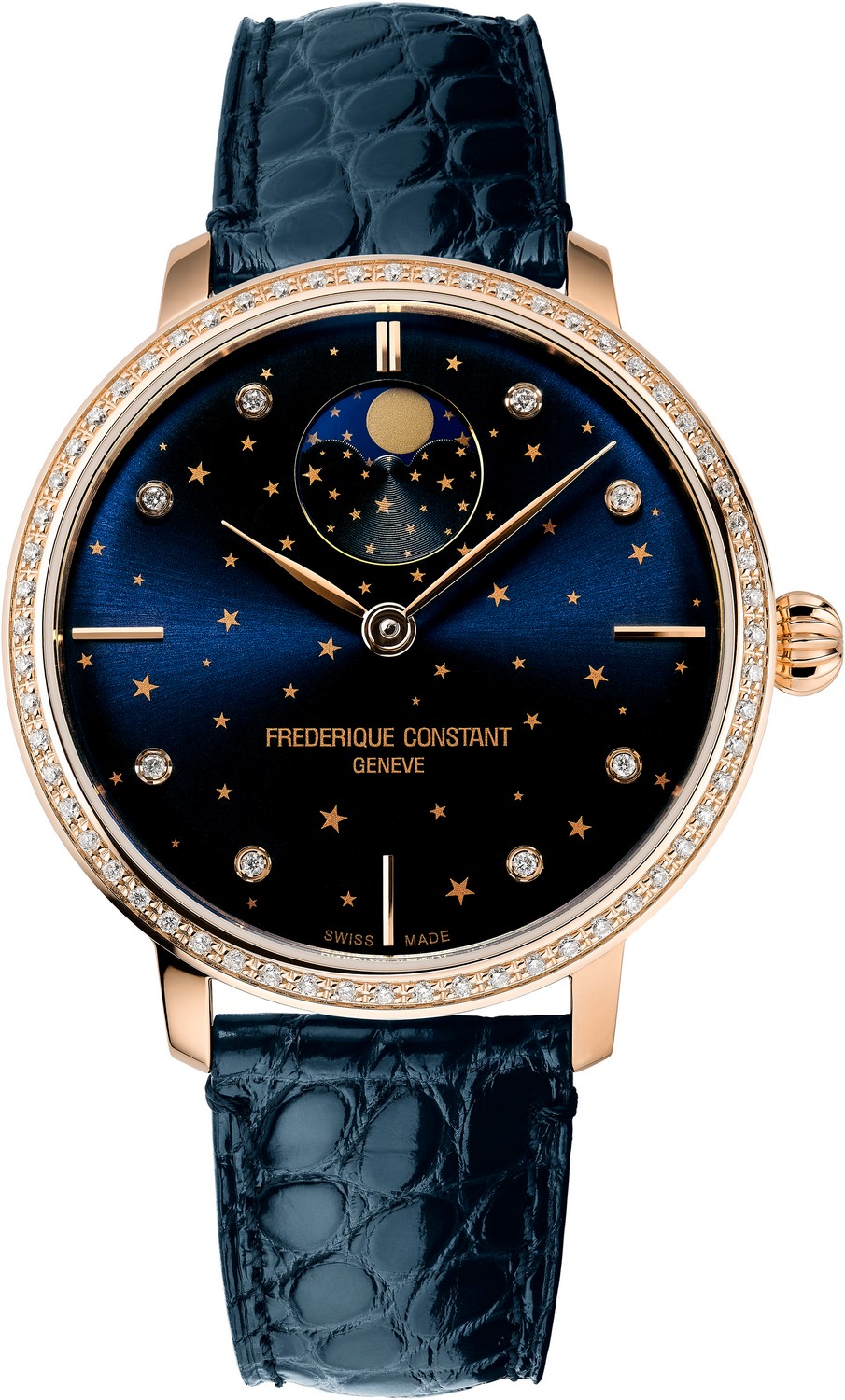 FREDERIQUE CONSTANT  Роскошные женские швейцарские часы, автоматический маханизм, стальные с позолотой, циферблат со звездным небом с бриллиантами, корпус с брриллиантами, ремешок из кожи аллигатора, синий циферблат