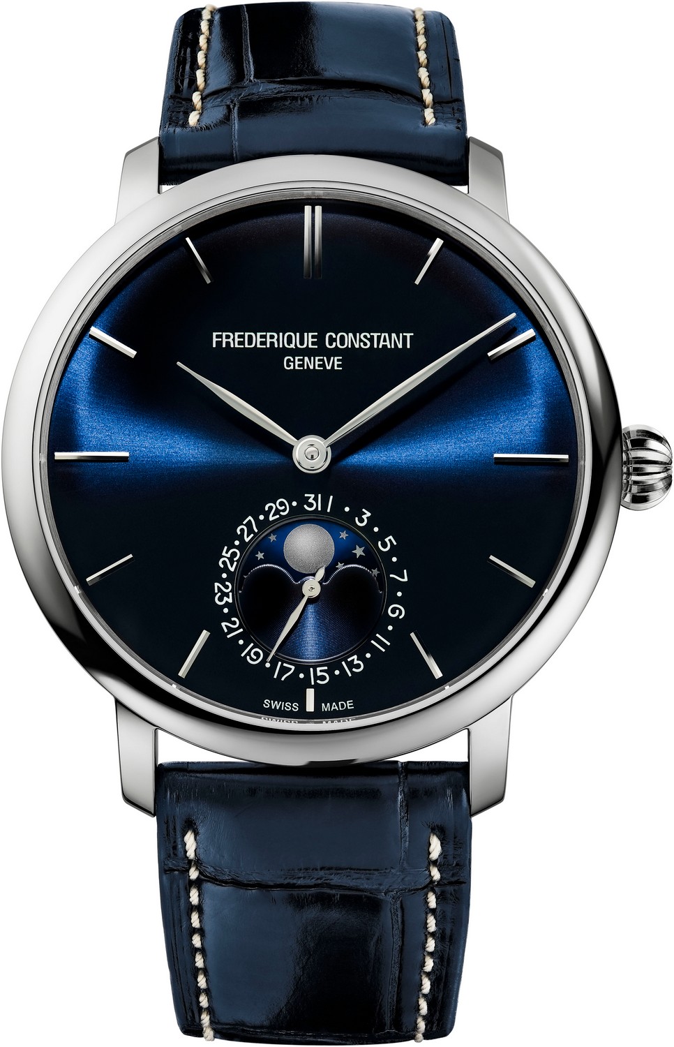 FREDERIQUE CONSTANT  Классические швейцарские часы, мануфактурный автоматический маханизм,стальные, тонкий корпус, на ремешке из кожи аллигатора, синий циферблат, фазы Луны, дата