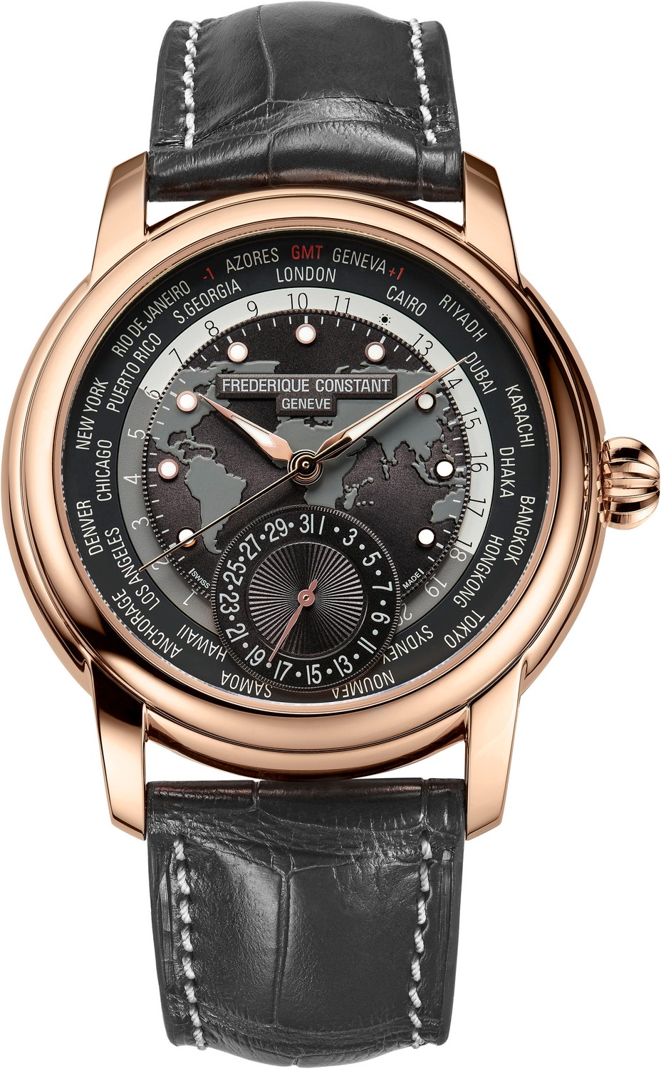 FREDERIQUE CONSTANT MANUFACTURE Стильные мужские швейцарские часы, мануфактурный автоматический маханизм, стальные с позолотой, на ремешке из кожи аллигатора, функция мирового времени, идеально подходят под деловой костюм и повседневный стиль, идеальный подарок