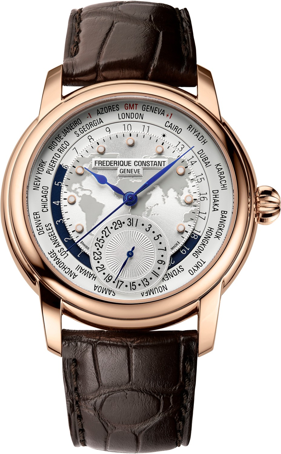 FREDERIQUE CONSTANT  Стильные мужские швейцарские часы, мануфактурный автоматический маханизм, стальные с позолотой, на ремешке из кожи аллигатора, функция мирового времени, идеально подходят под деловой костюм и повседневный стиль, идеальный подарок