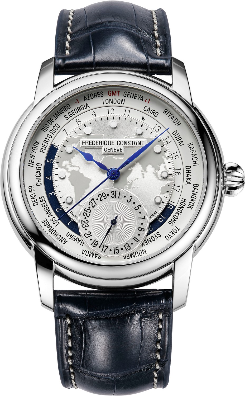 Часы FREDERIQUE CONSTANT  FC-718WM4H6 Стильные мужские швейцарские часы, мануфактурный автоматический маханизм, стальные, на ремешке из кожи аллигатора, функция мирового времени, идеально подходят под деловой костюм и повседневный стиль, идеальный подарок