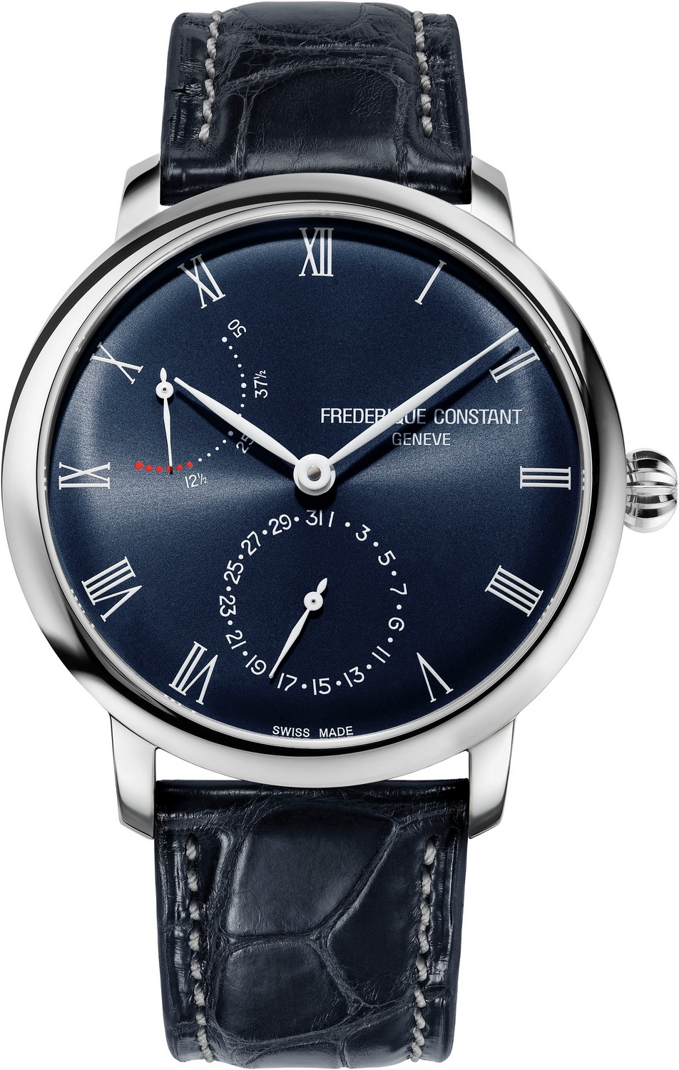 FREDERIQUE CONSTANT  Стильные мужские швейцарские часы, мануфактурный автоматический маханизм, стальные, на ремешке из кожи аллигатора, тонкий корпус, идеально подходят под деловой костюм и повседневный стиль, увеличенный запас хода, синий циферблат