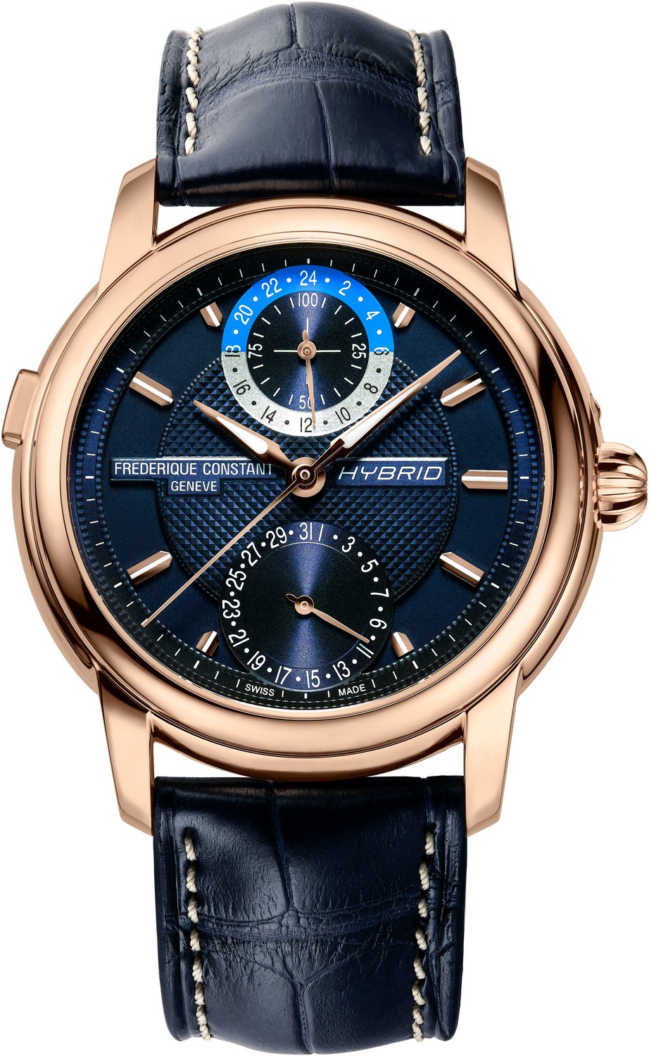 Часы FREDERIQUE CONSTANT MANUFACTURE FC-750N4H4 Уникальные мужские швейцарские часы, мануфактурный автоматический маханизм, синхронизация со смартфоном, аналитика работы механизма, стальные с позолотой, на ремешке из кожи аллигатора, идеально подходят под деловой костюм и повседневный стиль, идеальный подарок, синий циферблат