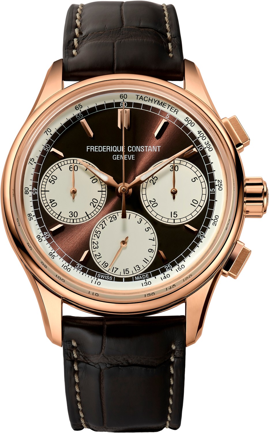FREDERIQUE CONSTANT MANUFACTURE Мануфактурный автоматический хронограф с функцией flyback, корпус из стали с позолотой, коричневый циферблат, ремешок из кожи аллигатора, классический стиль