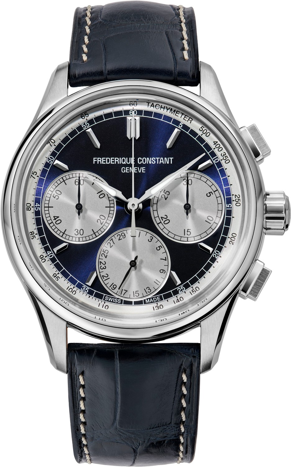 FREDERIQUE CONSTANT MANUFACTURE Мануфактурный автоматический хронограф с функцией flyback, корпус из стали с позолотой, синий циферблат, темно-синий ремешок из кожи аллигатора, спортивный стиль