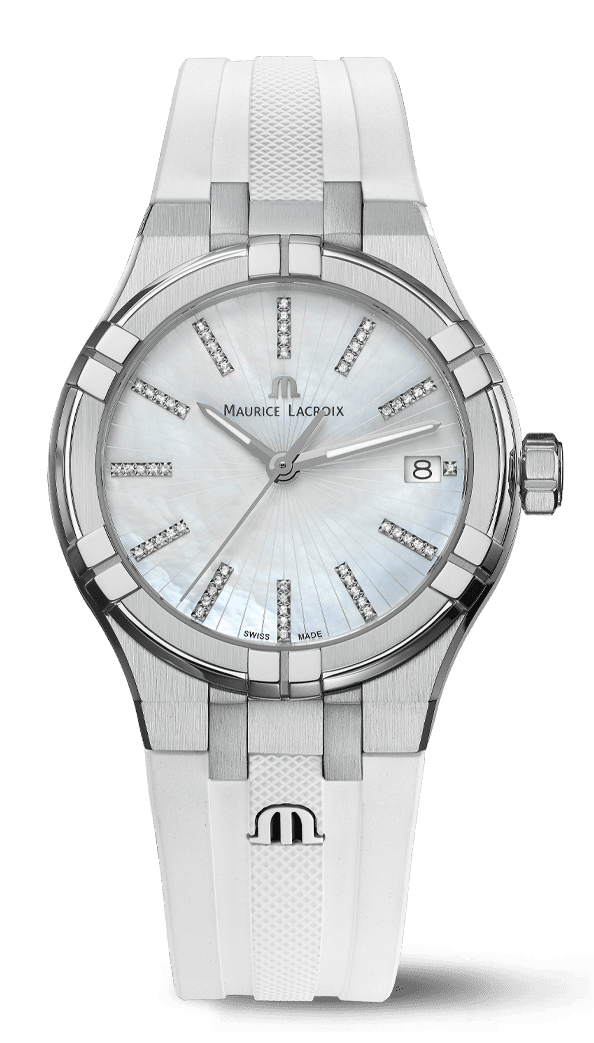 MAURICE LACROIX  Женские швейцарские часы AI LADIES 3 HANDS с кварцевым механизмом. 56 бриллиантов. 35 мм. Белый ремешок из каучука
