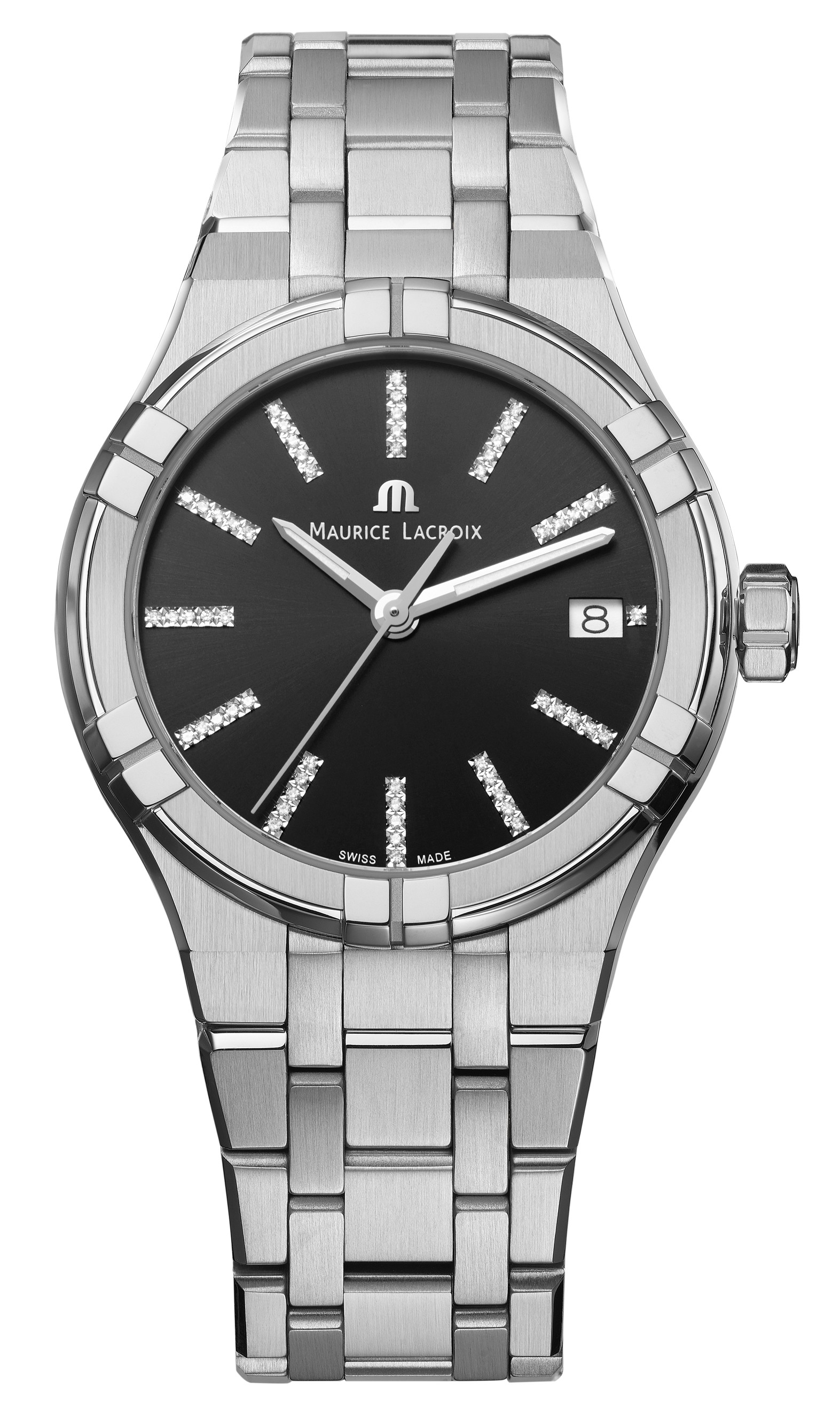 MAURICE LACROIX AIKON QUARTZ AIKON Date 35mm кварц - женские
Сталь - циферблат черный, отделка Sunray, бриллиантовые индексы  - Стальной браслет - 10 АТМ