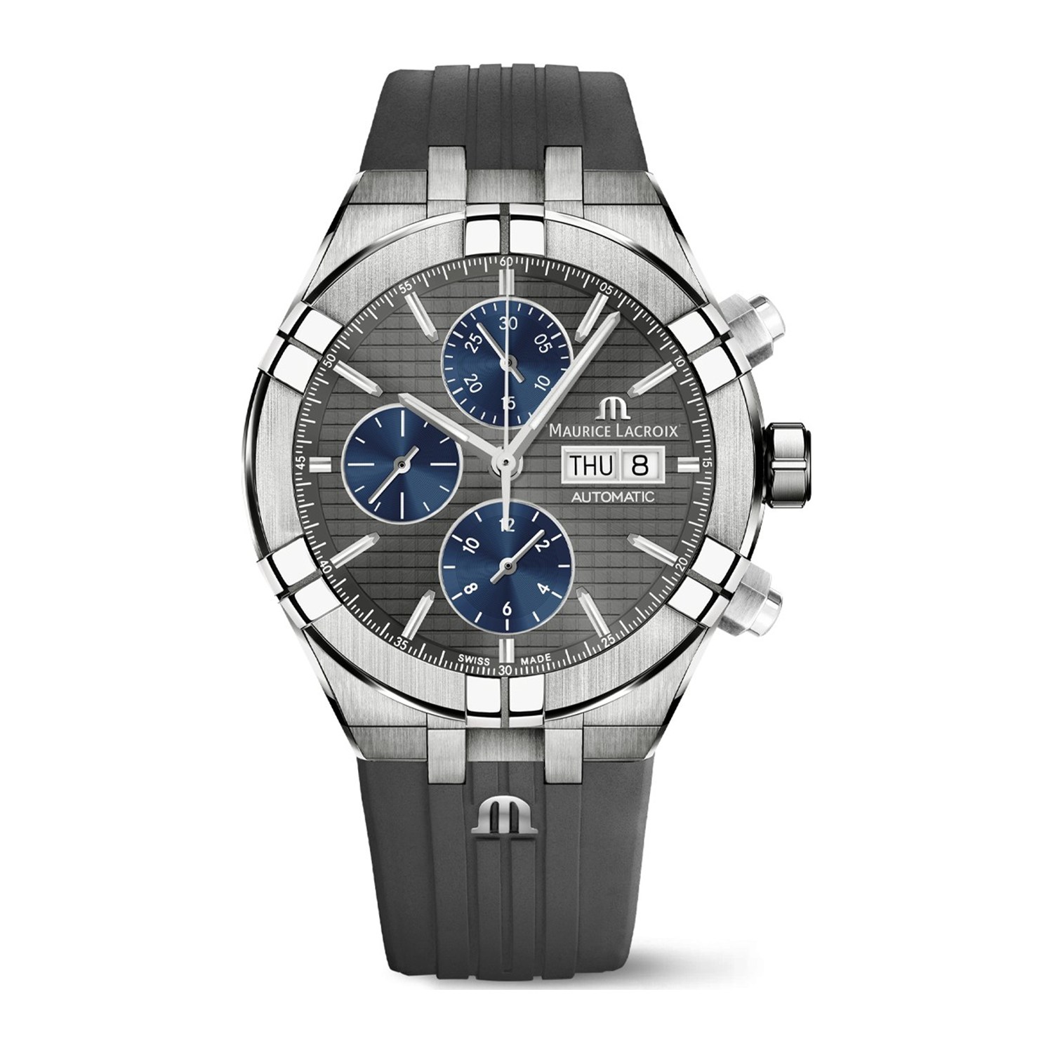 Часы MAURICE LACROIX  AI6038-TT030-330-2 Aikon. Швейцарские мужские часы. Fвтоматический хронограф, запас хода 48 часов. Титановый корпус, водозащита 200м, легкосъемный каучуковый ремень. 