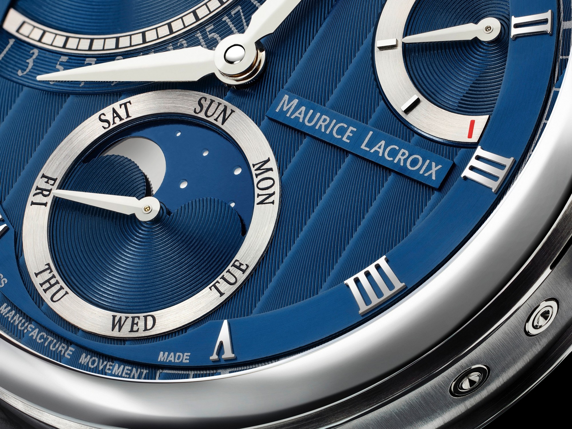 Часы MAURICE LACROIX MASTERPIECE MP6588-SS001-431-1, Функции: Часы, минуты, секунды, индикация запаса хода, дня недели и фазы Луны, ретроградная индикация даты