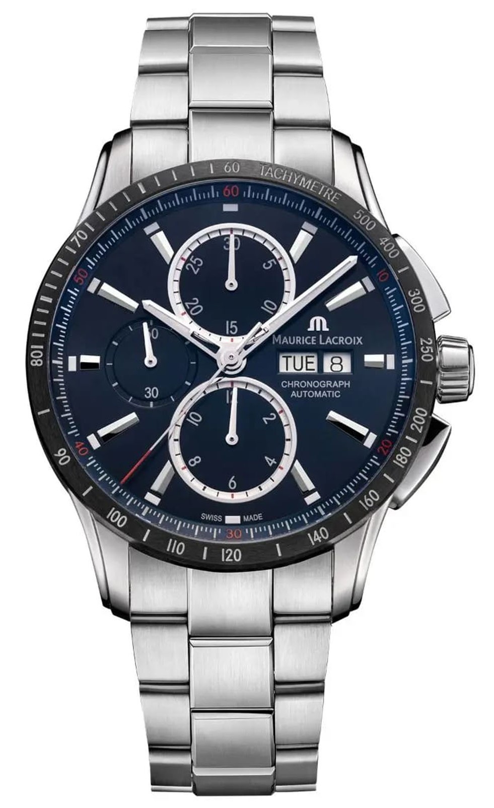 MAURICE LACROIX  Мужские швейцарские часы PONTOS'S CHRONO с автоматическим механизмом. 43 мм. Стальной браслет