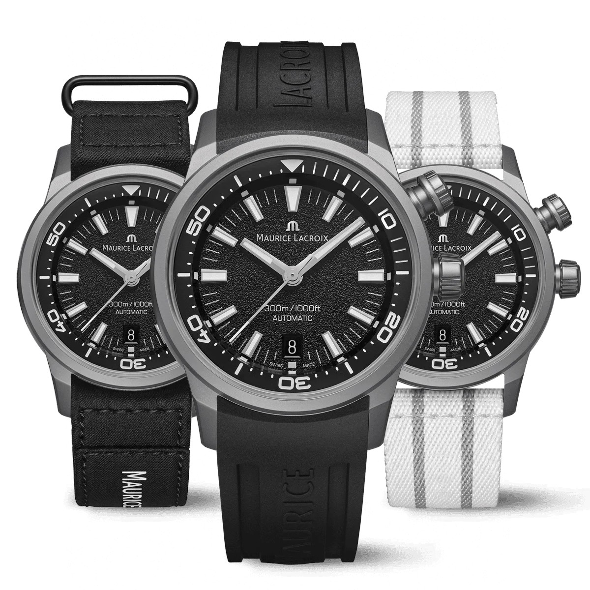 Часы MAURICE LACROIX PONTOS PT6248-TT03L-330-2, Браслет/Ремень: Каучуковый ремень черный+черный неопреновый ремень NATO+серый тканевый ремень