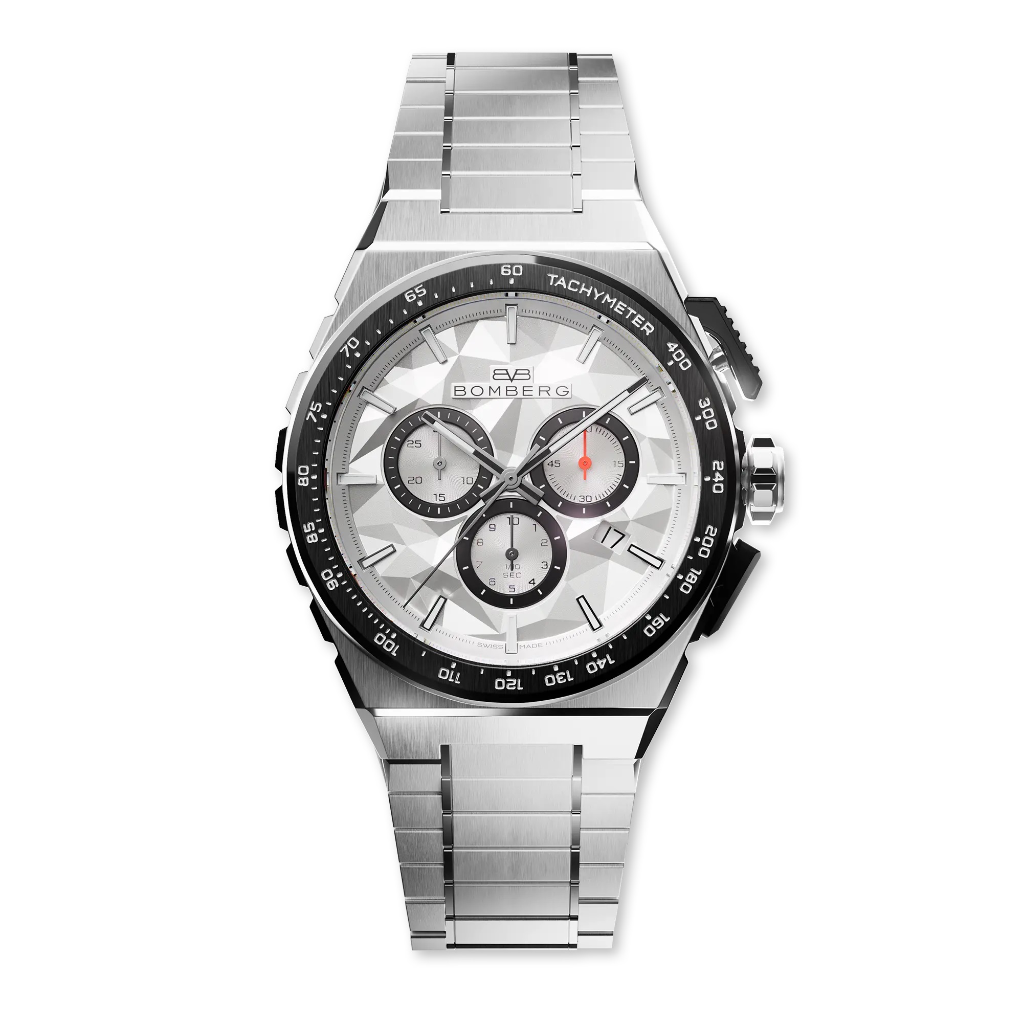BOM 42mm stainless steel 
Ceramic bezel
White, silver and Black dial
Metal bracelet
