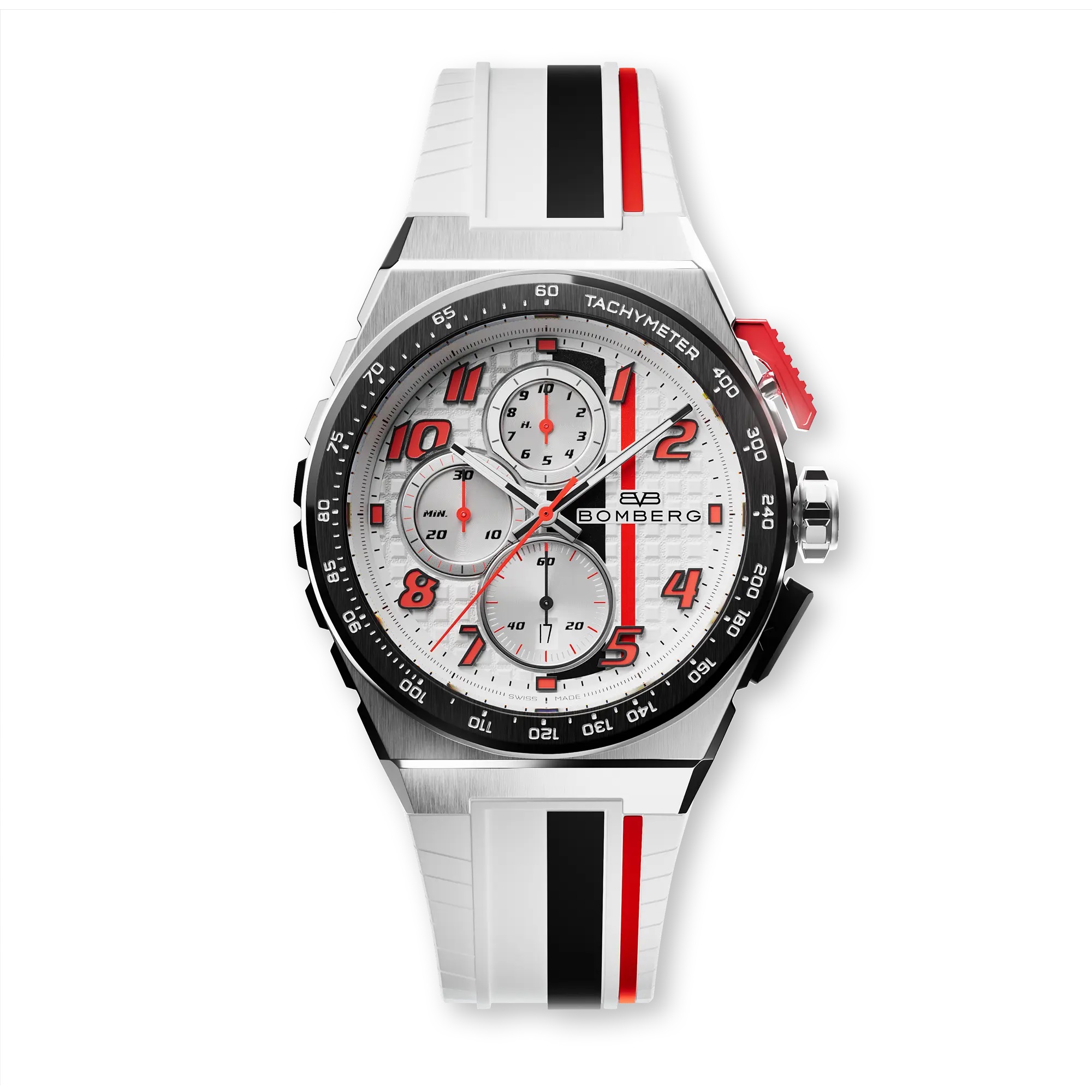 BOM 42mm stainless steel 
White, Black and Red dial
White & Black silicone strap 