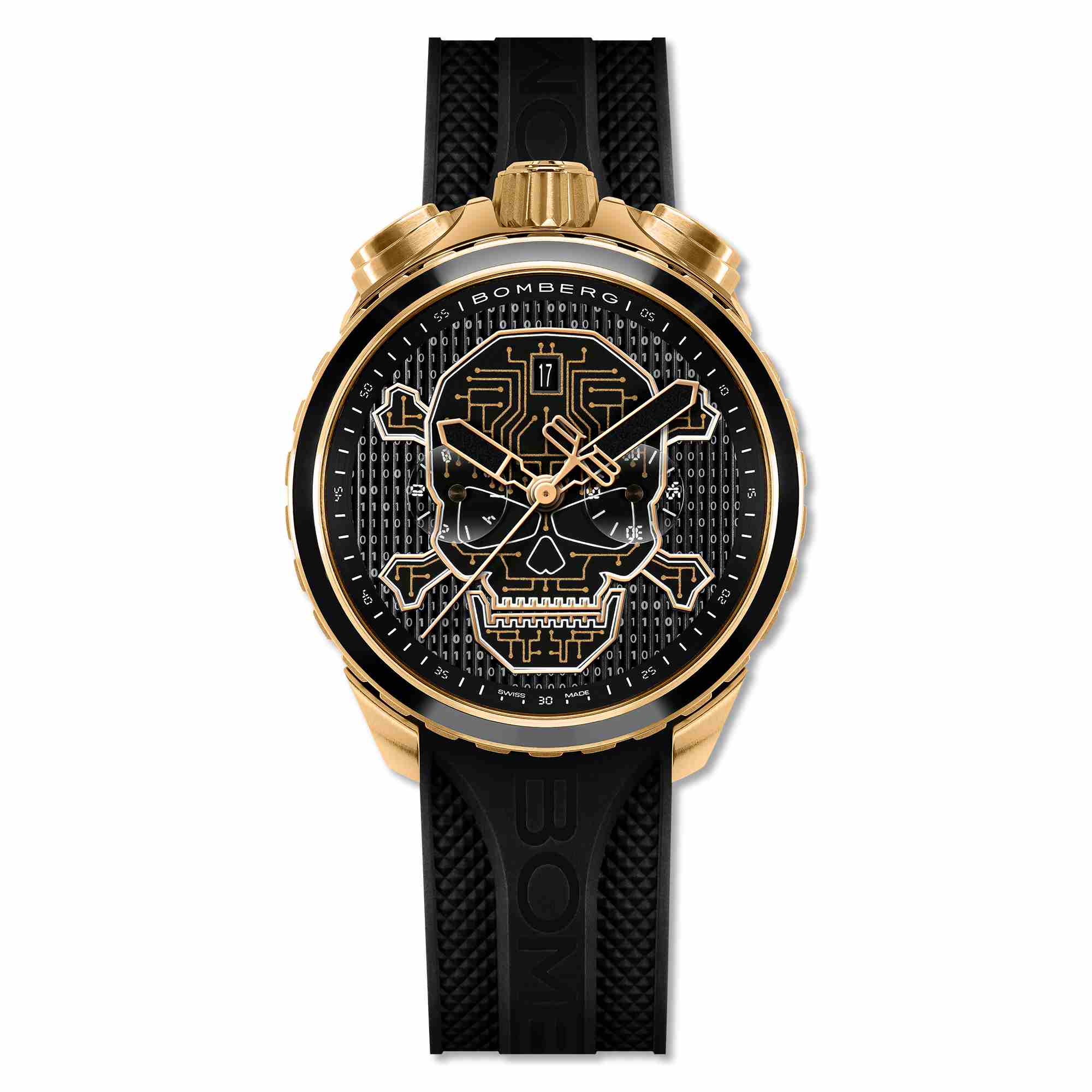 BOM 45mm stainless steel Gold PVD Cyber Skull dial III
Black silicone strap
SPECIAL 