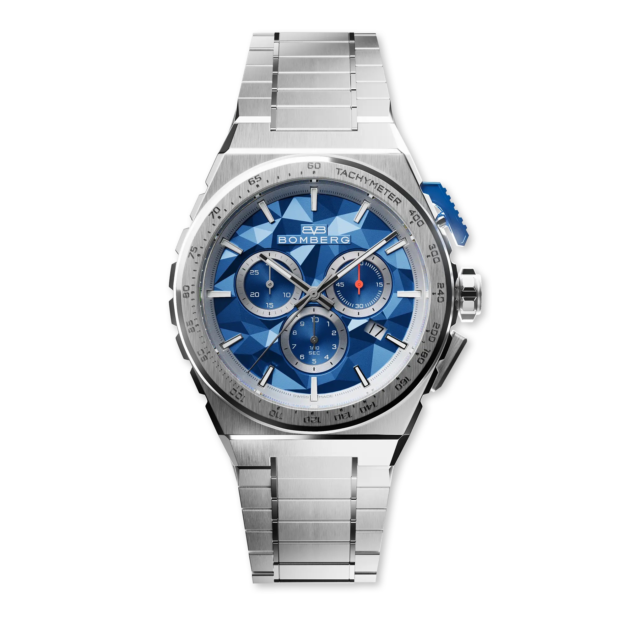 BOM 42mm stainless steel 
Ceramic bezel
Blue and silver dial
Metal bracelet
