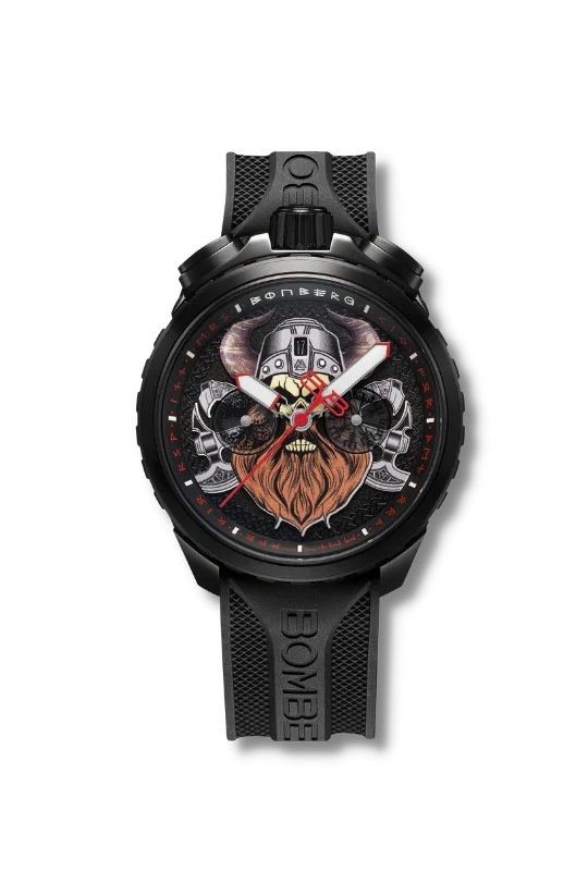 BOM 45mm stainless steel PVD color black
Viking I dial 
Black silicone strap 